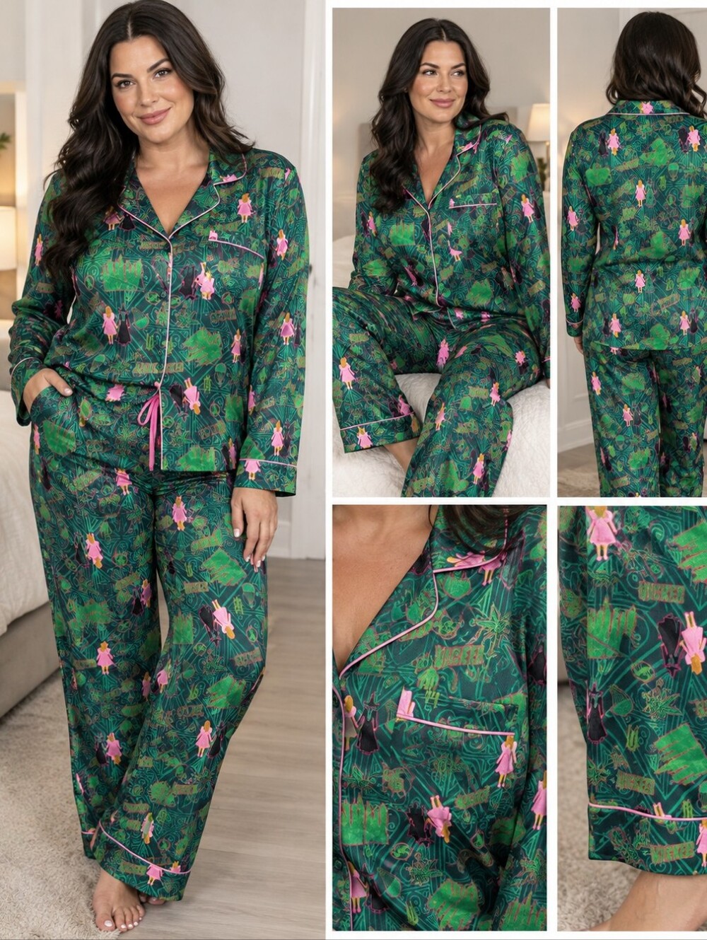 Wicked Green Patterned Satin Button Up Pj Set